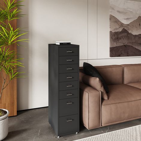 Archivador móvil Kökar con 8 cajones 109x28x41 cm acero - Negro [en.casa]