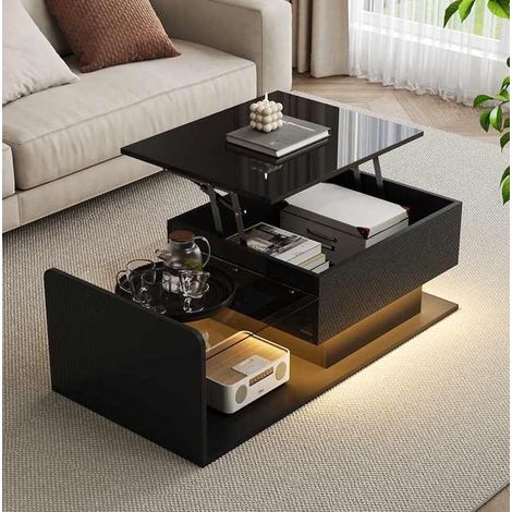 Table basse relevable avec plateau en verre, LED, noir brillant, 100 x 50 x 47,5 cm DESVIAE (1/5)