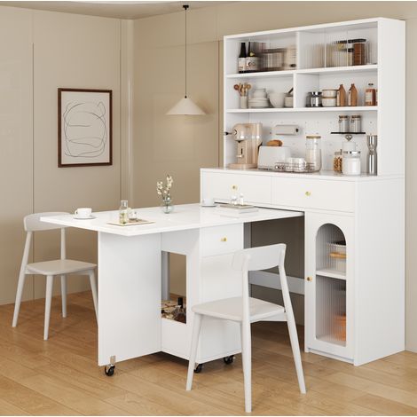 Küchenschrank-Set aus MDF in Weiß, 120x45x180 cm, mit klappbarem Esstisch 120x75x75 cm und Stauraum (1/5)