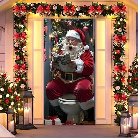 Rideau de porte de Noël 2026, bannière extérieure avec fond photo Père Noël et chien, tissu à suspendre - 90 x 180 cm (œillets + ruban) - 17