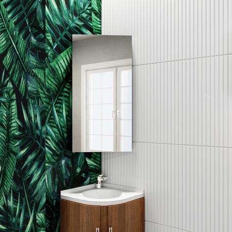 ELEGANT Stainless Steel Corner Cabinet 600 x 300 mm Wall Mounted Bathroom Storage Cabinet Single Door with 3 Shelves Mirror Cabinet