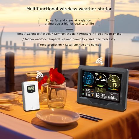 FJ3383M Smart Weather Station with clock, indoor and outdoor temperature and humidity meter, large color display multifunctional gauge, 1 sensor (supports up to 3 ca (1/5)