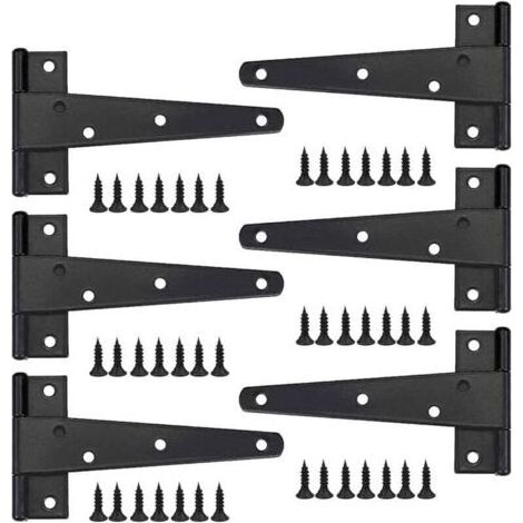 BARKBUSTERS Charniere Porte Lourde 6pcs, Charniere Porte 6 Pouces, Charnière en T Noires, Charniere Plate Inox Charnières de Portes en Fer Charnières Robustes pour Portes, Fenêtres, Abris de Jardin (1/5)