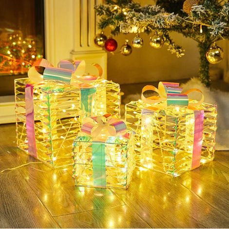 3 pièces Coffret de colis à paillettes lumineux de noël, boîtes de décoration lumineuses LED, fournitures de décoration de noël, plug-in ue (1/4)