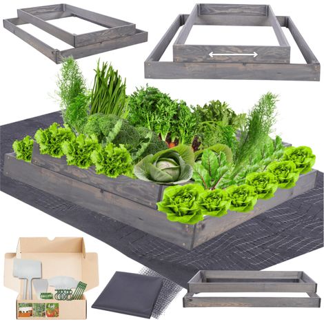 MODO24 ZP09 Carré potager surélevé en escalier modulable, bois de pin, herbes/légumes, jardin/terrasse/balcon, 18x90x120 cm, gris