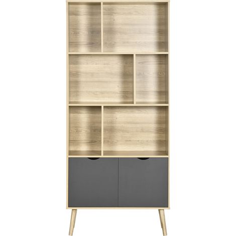 Bibliothèque étagère meuble de rangement placard 6 étagères dim. 80L x 35l x 180H cm naturel et gris foncé (1/4)
