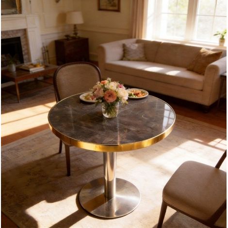 Table d'appoint ronde grise effet marbre, plateau UV en MDF et finition or, piètement stable pour salon ou chambre, style luxe moderne - CHICFURN (1/5)