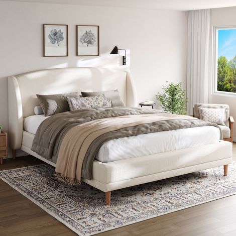 Letto matrimoniale imbottito 140x190 cm Gambe in legno massello Letto con cuscino, rete a doghe e comoda testiera Stile moderno ed elegante Velluto beige