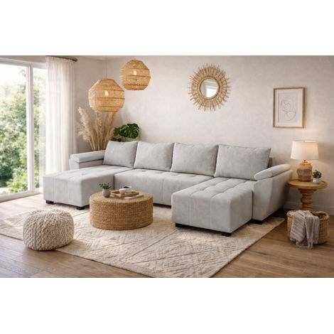 Canapé d’angle panoramique convertible ZENIA en tissu – 5 places - 330 cm - Gris (1/5)