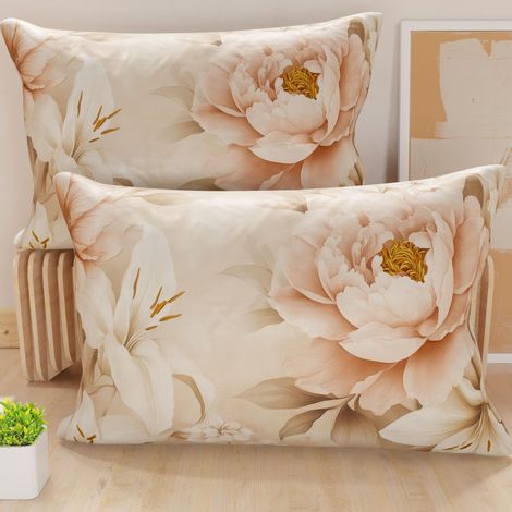 Lot de 2 Taies d'Oreillers 50x70 cm 100% Microfibre Hypoallergénique, Housse Oreiller Rectangulaire Motif Floral Beige Rose, Paquet de 2 (1/5)