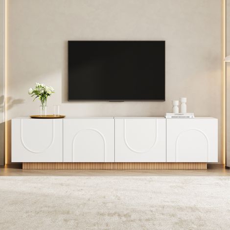 Meuble TV 170x38x42 cm avec 4 portes à relief arqué,passe-câbles,fermeture amortie,MDF et PB,blanc (1/5)