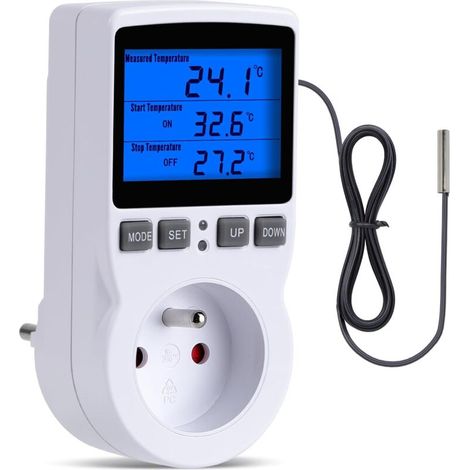Terrarium Thermostat with LCD Screen and Probe, Digital Temperature Regulator Heating and Cooling Thermostat for Greenhouses and Reptiles (French Plug) (1/4)