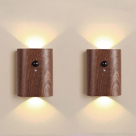 Intelligente Treppenhausbeleuchtung im 2er-Pack – Wiederaufladbare Treppenhausleuchte mit Bewegungsmelder, 2700K warmweißes LED-Licht, Walnussholzoptik, geeignet für mehr Sicherheit in Flur und Schlaf