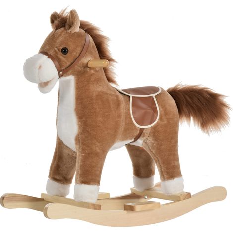 Cheval à bascule avec selle confortable, peluche courte et douce, bois de peuplier, marron, dimensions : 65 x 32,5 x 61 cm (L x l x H) (1/5)