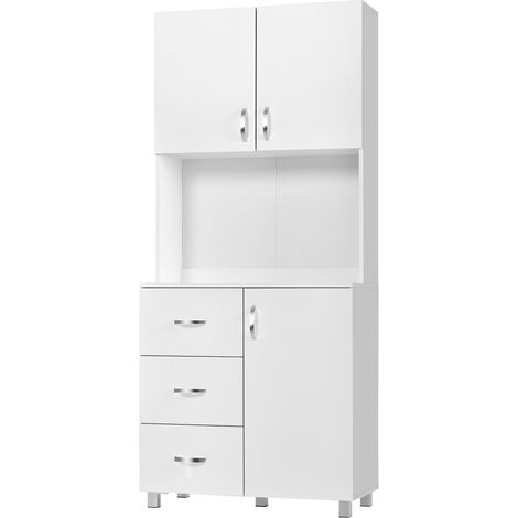 Buffet de cuisine et de séjour, buffet moderne en bois blanc, 2 armoires, étagères réglables, 1 plateau ouvert et 3 tiroirs, 80x39,5x183,5cm (1/5)