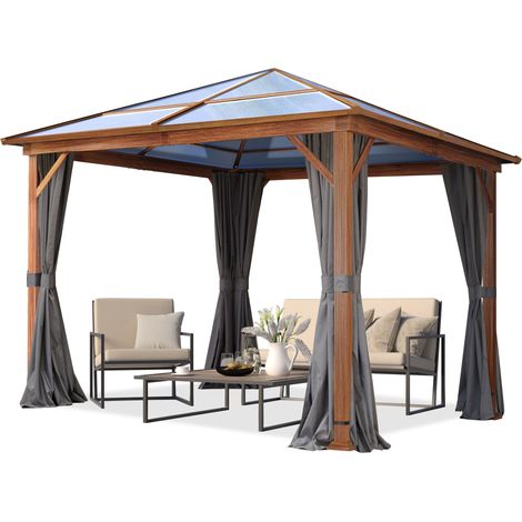 TOOLPORT Garden gazebo 3x3 m hardtop polycarbonate roof, wood finish, 4 side panels in grey