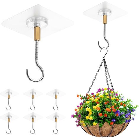 Lot De 6 Crochets De Plafond Autocollants Sans Perçage Transparent Crochet Plafond Adhésif Durable Support Acier Inoxydable Pratique Pour Plantes Suspendues Cuisine Salle De Bain Balcon Maison