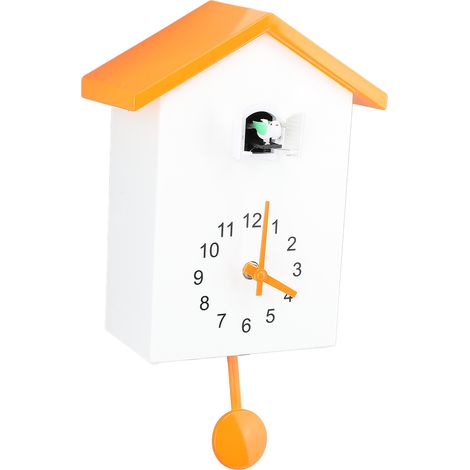 Horloge murale forme nichoir gazouillis oiseau déco tendance à pendule pour bureau chambre salon toit orange (1/5)