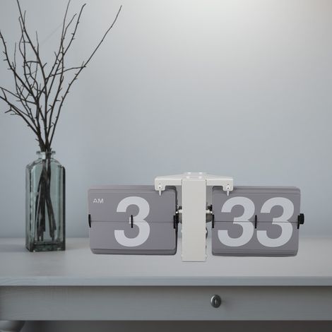 Despertador automático plegable con base blanca y tarjetas grises – Reloj mecánico retro, funciona con pilas, 12 horas de autonomía, para mesa o pared. (1/5)