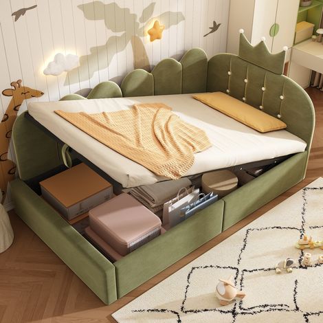 Letto bambini 90x190 cm con testiera, vano portaoggetti e base idraulica in velluto, verde, senza materasso (1/5)