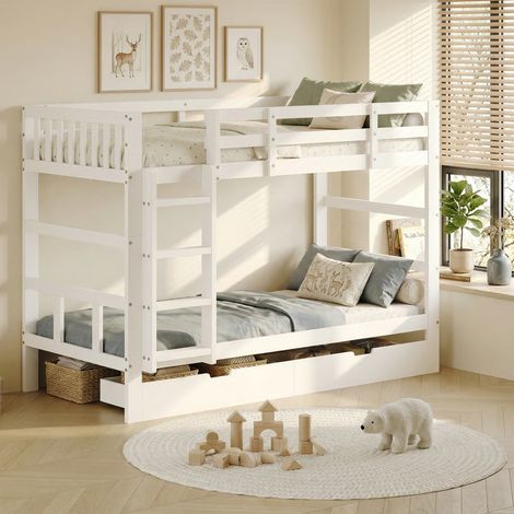 VASIEN –Lit Superposé 90x200 en bois massif , lit enfant avec 2 tiroirs, sommier à lattes, lit 2 places, Transformable en 2 Lits –Sécurité avec Garde-Corps – Blanc