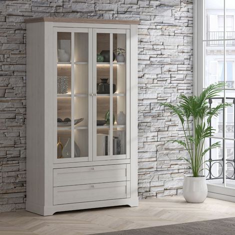 Vetrina Forma con 2 cassetti e 2 ante con vetro e con luce integrata colore rovere neve e piano olmo scuro (1/5)