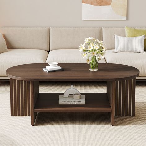 Table basse ovale 100×49×35 cm en MDF, table de salon avec compartiment de rangement, table d'appoint, table basse, table à thé, table basse au design moderne rainuré pour le salon (1/5)