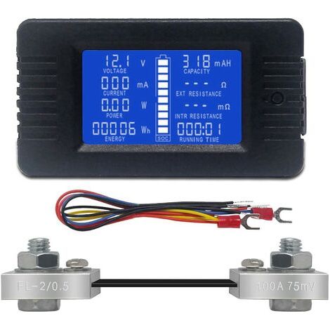 Compteur de batterie DC Voltmètre Ampèremètre Énergie Moniteur d'énergie LCD Multimètre Numérique Tension Courant Cap Ohm Heure SOC Compteur LCD DC 0-200V 100A Shunt (1/5)