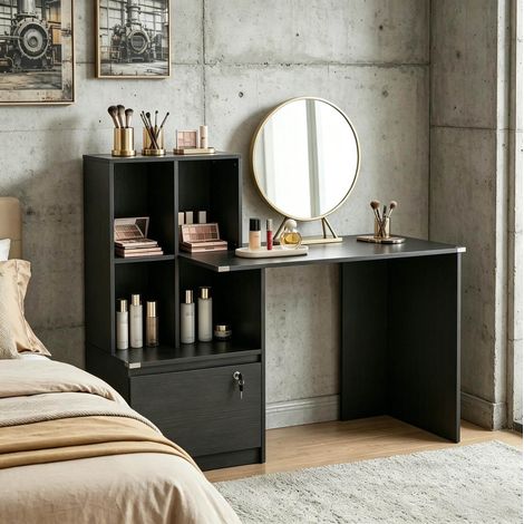 Escritorio de ordenador 126x50x109 cm, con 4 compartimentos y cajón con cerradura, MDF negro (1/5)