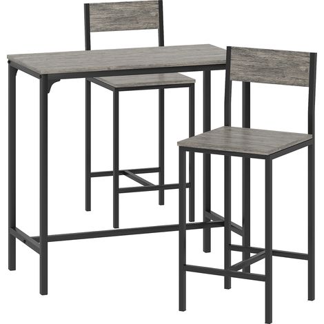 Ensemble table bar avec 2 tabourets, table haute debout, repose-pieds et dossiers, gris (1/5)