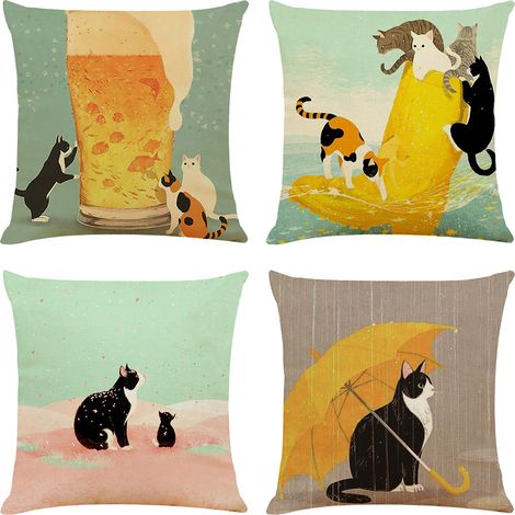 Juego de 4 fundas de cojín de lino con estampado de gatos para sofás cama, decoración del hogar, fundas de cojín festivas, 45x45 cm. (1/5)