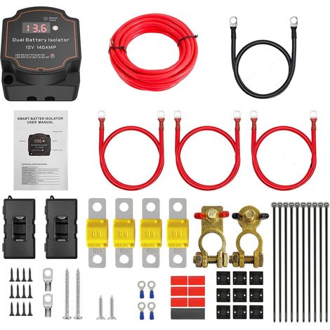 coupleur separateur batterie 12v, 3m Kit de Relais de Charge Divisé,12V 140 Amp Kit Isolateur Intelligent à Double Batterie pour camping-car, fourgon, camion, SUV, RV, ATV, UTV, bateau (1/5)
