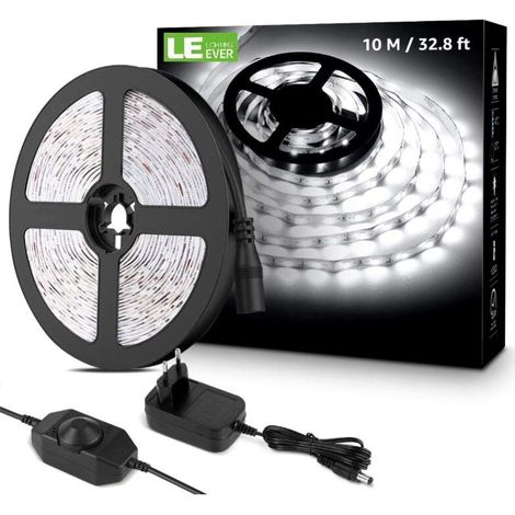 10M Ruban LED Dimmable, Bande LED Blanc Froid 6000K 600 LEDs SMD 2835, 12V Bandeau LED Autocollant avec Variateur, Connecteurs+Transformateur, Éclairage Intérieur pour Meuble, Escalier, Cuisine [Class (1/4)
