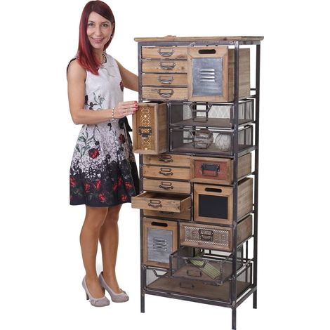 Commode vintage en bois massif de sapin 143x56x33cm – 19 tiroirs – Style shabby chic – Entièrement monté – Nova (1/5)