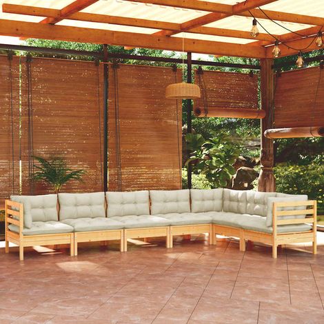 vidaXL Muebles de jardín 7 pzas y cojines madera maciza de pino crema (1/5)