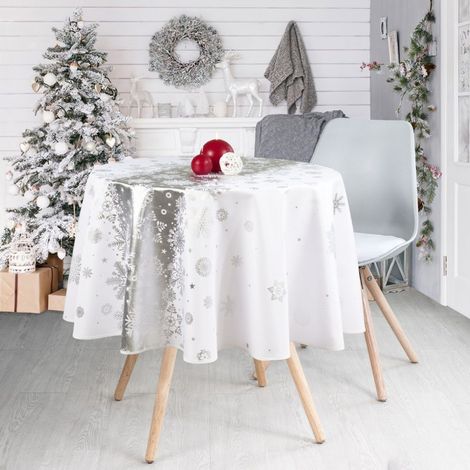 Nappe de Noël Argenté Rectangle ou Ronde - Neige De Noël - Blanc - 160cm (1/3)