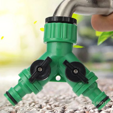 (Vert)【YY26】Raccordeur d'arrosage en Y à 2 voies avec filetage femelle 3/4" et vanne de régulation d'eau réglable pour tuyau d'arrosage. (1/5)