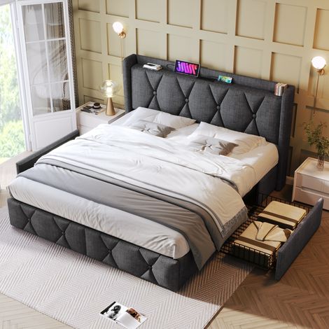 Bett Doppelbett Stauraum 160x200 Leinen Grau OKMYHOME