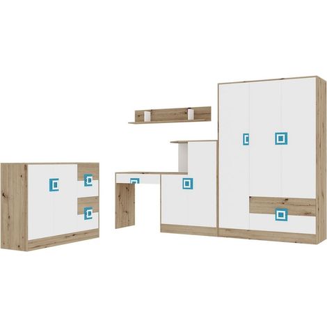 Ensemble de meubles Tolfere 107, Chêne clair + Blanc + Turquoise