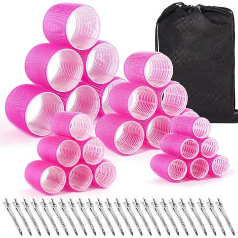 Set di 24 bigodini (6 jumbo, 6 grandi, 6 medi, 6 piccoli) e 24 clip per tutte le lunghezze di capelli (rosso rosa) (1/5)