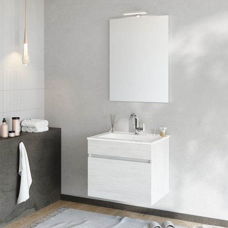 BOGOTA Meuble salle de bain simple vasque 1 tiroir Chêne blanc largeur 60 cm + miroir (1/5)
