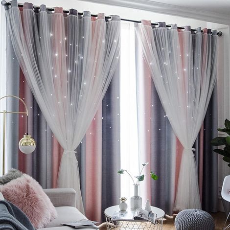 Rideau Occultant Enfant 2 Pièces avec Voilage, Motif Étoiles Perforées Dégradé Rose Gris, Rideaux Chambre Fille 132x160cm, Isolation Lumière et Bruit (1/4)