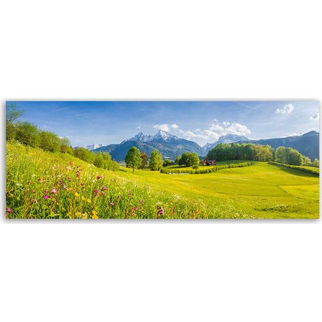 Tableau panoramique prairie alpine fleurs et montagnes