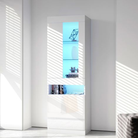 Vitrina 50x40x180 cm blanca en tablero de partículas con acabado brillante, LED USB y estantes de vidrio (1/5)