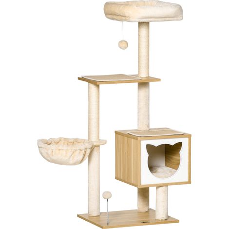 Arbre à chat avec griffoirs, hamac, niche et coussins amovibles, 126 cm, peluche courte et sisal naturel, beige, multi-activités. (1/5)