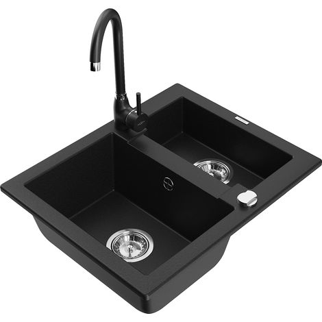 Mexen Carlos 1,5-fach Spülbecken aus Granit mit Küchenarmatur Telma, schwarz - 6518-77-670200-70 (1/5)