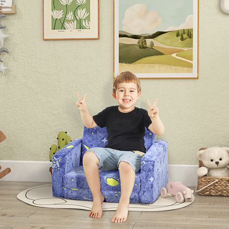 Canapé enfant pliable 2 en 1, revêtu d'un tissu lumineux à motif cosmique, coussin et housse lavables, bleu (1/5)