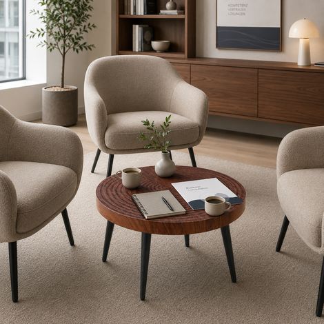 Table basse ronde en bois foncé avec un plateau de 5 cm d'épaisseur laissant apparaître les cernes de croissance, et des pieds en métal noir idéale pour les petits salons (1/4)