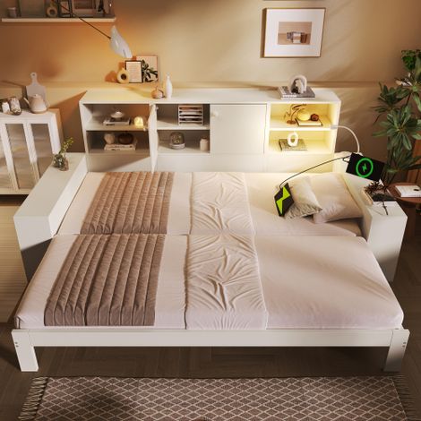Letto contenitore bianco 90x200 cm – divano letto con letto estraibile, letto in legno con doppia anta e porte USB/USB-C – letto matrimoniale salvaspazio e letto per bambini (senza materasso)