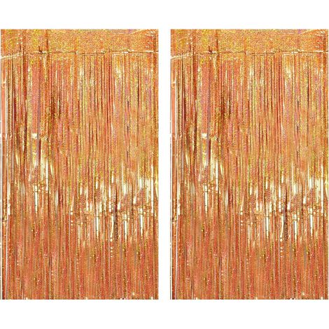 Lot de 2 Rideaux à Franges Métalliques Rose Or (1x2m), Décoration Brillante pour Anniversaires et Mariages (1/5)